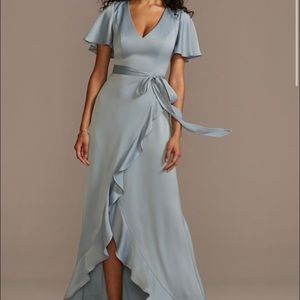 Flutter sleeve crepe satin ruffle bridesmaid dress (F20209)